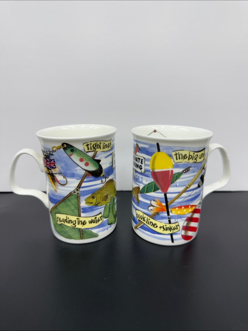 Vintage Roy Kirkham "Gone Fishing" Fine Bone China Mugs - Set of 2 2003 England